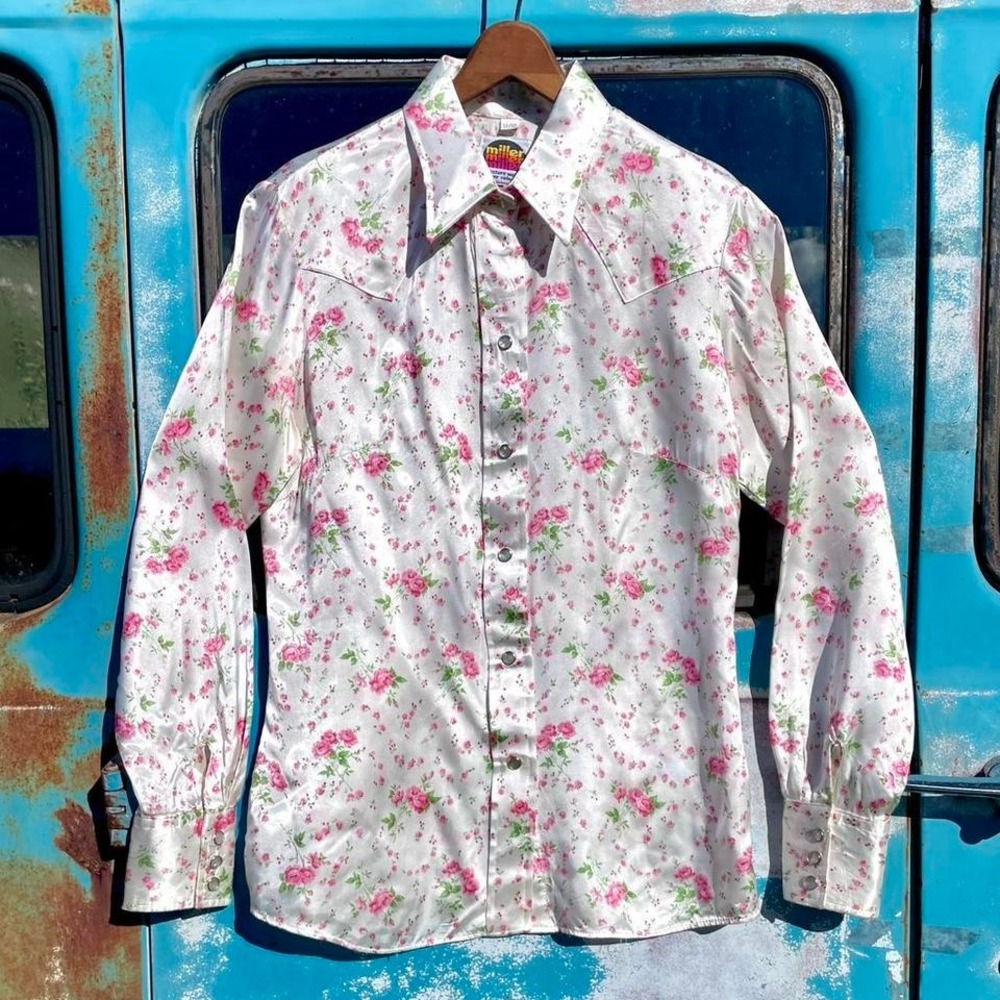 Vintage white satin western pearl snap shirt